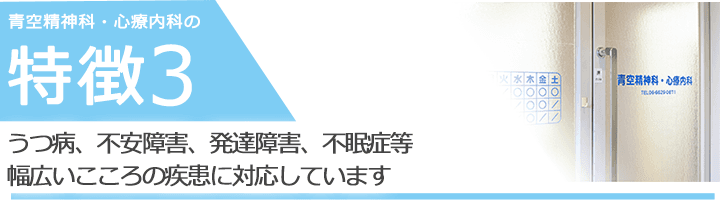 うつ病、不安障害、発達障害、不眠症等幅広いこころの疾患に対応しています